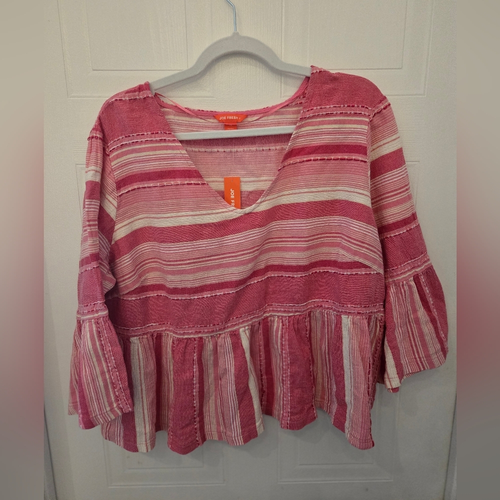 1X Joe Fresh Plus Cotton Pink White Striped Boho Peplum Bell Sleeve Top